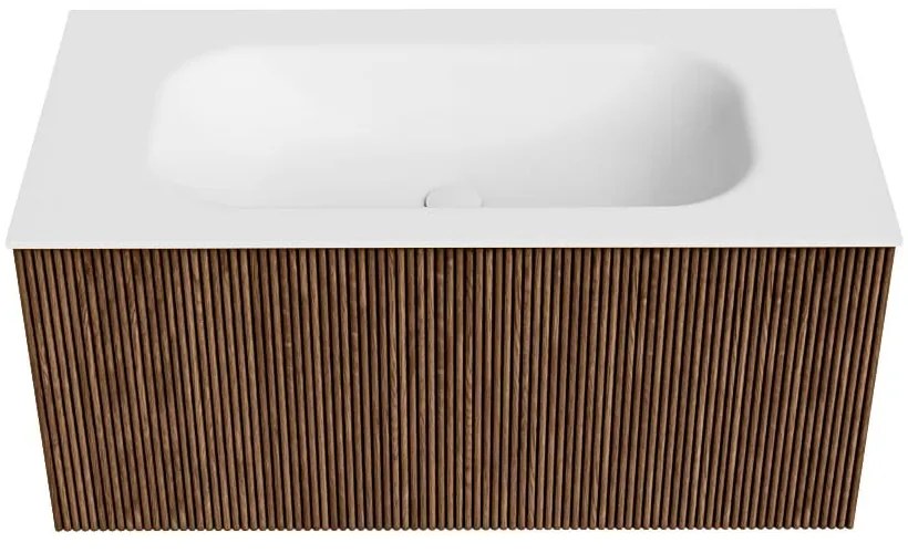 Mondiaz Kurve 90cm badmeubel walnut met 1 lade en wastafel big small midden 1 kraangat
