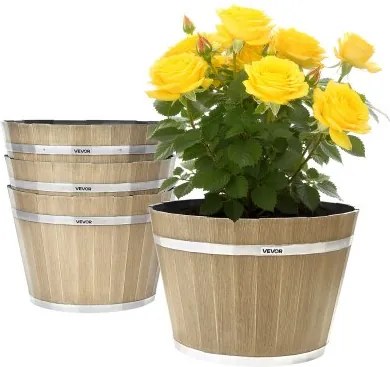 VEVOR Bloempotten 300 x 210 mm, 4-pack whiskyvatplantenbakken met drainagegaten, kunststof wijnvatplantenbak voor binnen- en buitenplanten, tuin, huis, bruin