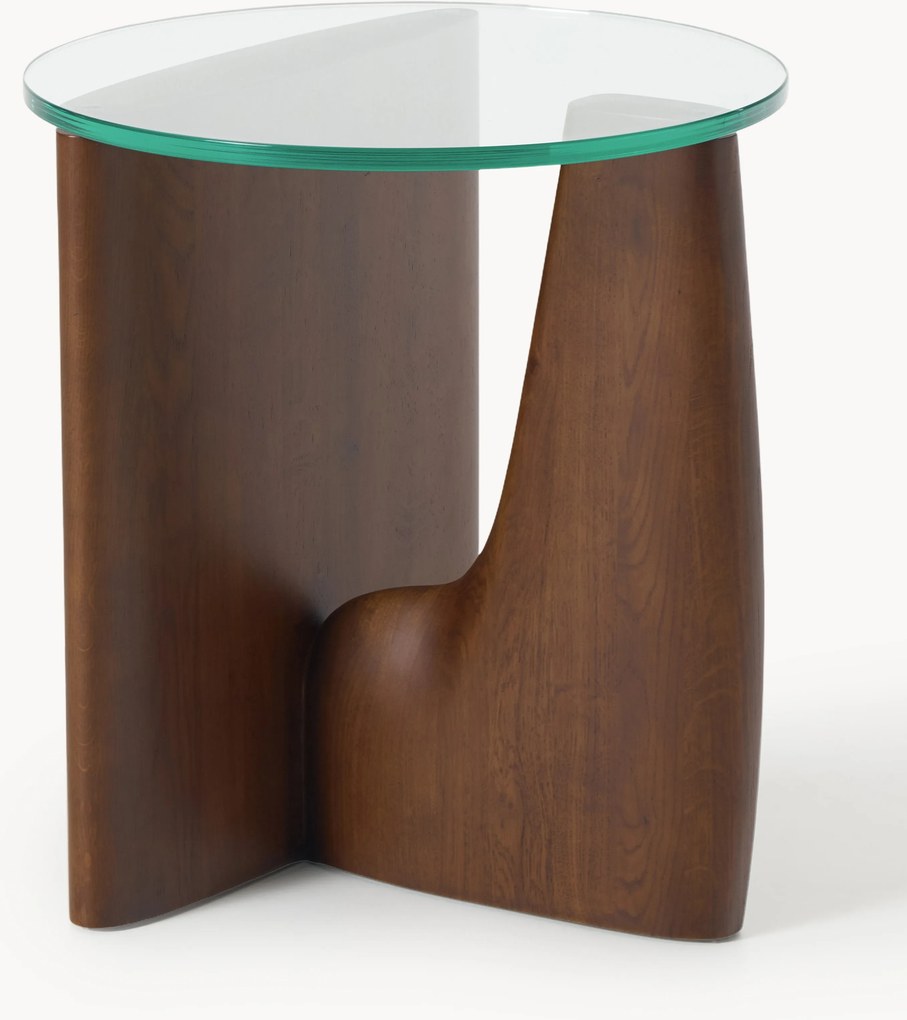 Ronde houten bijzettafel Miya met glazen tafelblad