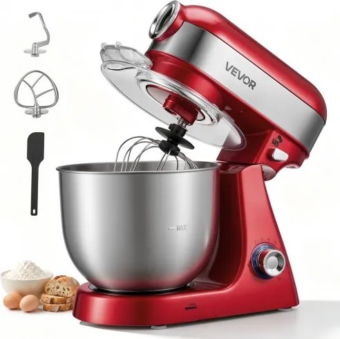 VEVOR Elektrische Staande Mixer 5L 1000W Deegmachine voor Koekjesdeeg en Crème, Deegkneedmachine met 10 Snelheidsinstellingen, SUS304 Mengkom, Kantelbare Kop, Spatbescherming en Antislipvoetjes, Rood