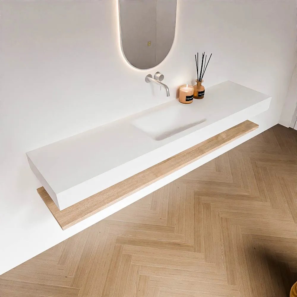 Zaro Alan badmeubel 190cm met planchet washed oak en vrijhangende wastafel cloud midden zonder kraangat talc