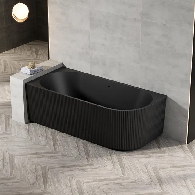 Zeza Nuo Half Vrijstaand Bad - 170x80x58cm - links - ribbel - met afvoer - mat zwart 7103L_MB