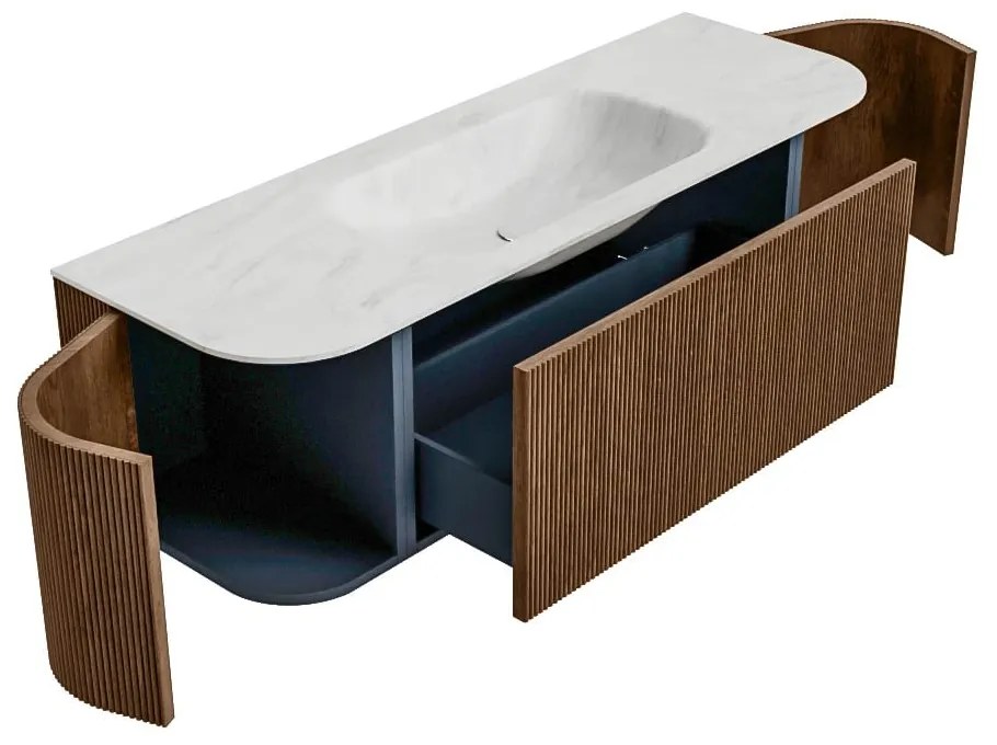 Mondiaz Kurve-dlux 140cm badmeubel ronding links/rechts walnut met 1 lade en 2 deuren en wastafel big small midden zonder kraangat opalo