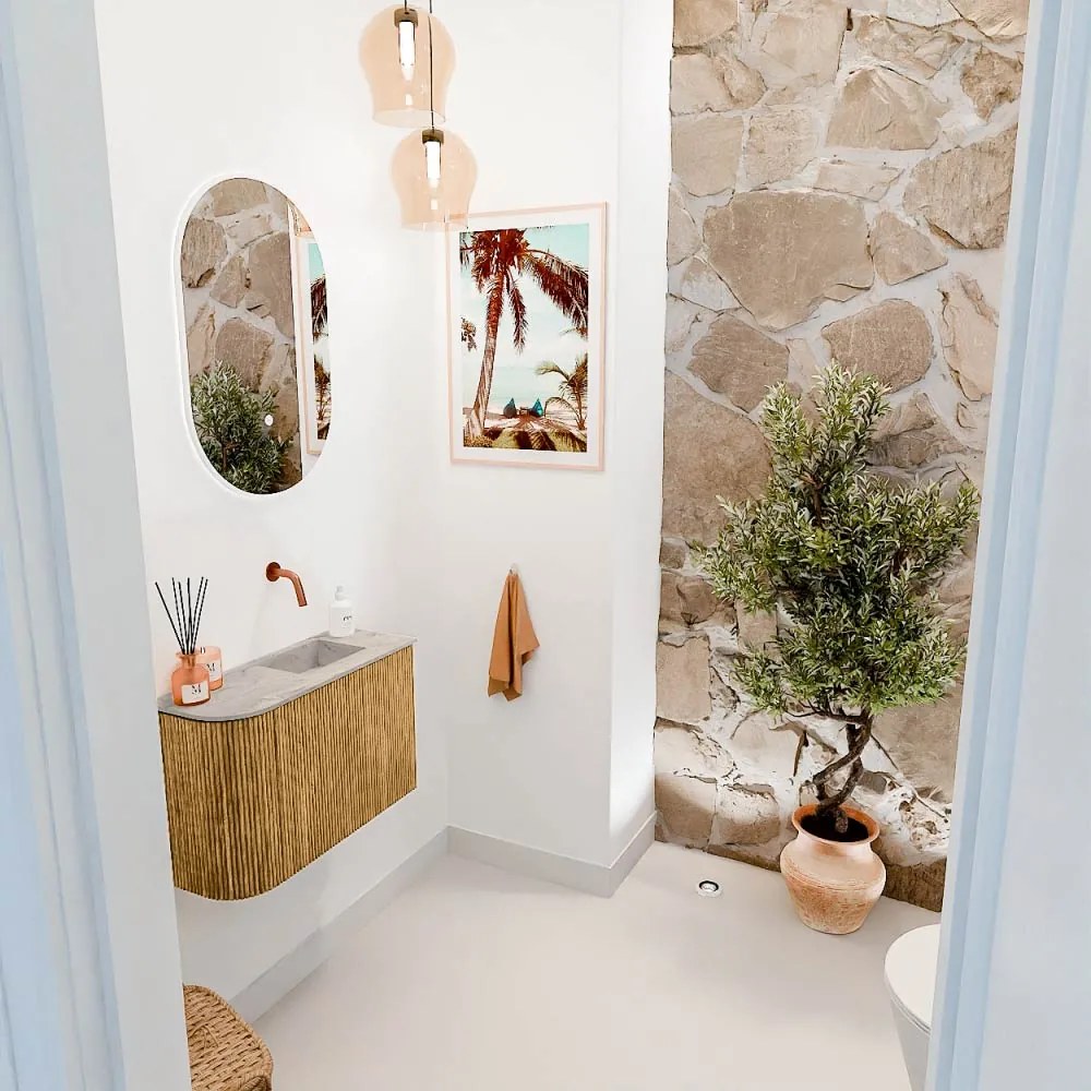 Mondiaz Joya DLux 60cm toiletmeubel ronding links oak met wastafel faye rechts zonder kraangat glace