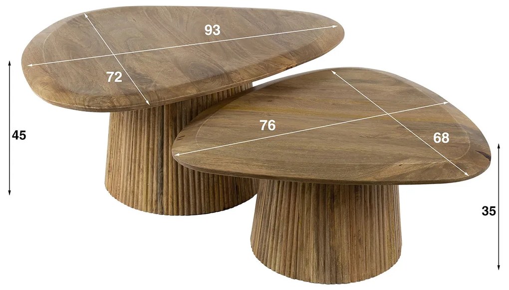 Salontafelset Hout Met Ribbel Voet - 93 X 72cm.