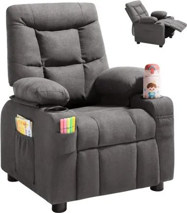 VEVOR Kinderfauteuil met bekerhouders en opbergvakken, 107° tot 126° verstelbare rugleuning, ademend polyesterweefsel, relaxfauteuil met voetenbankje, voor jongens en meisjes (grijs)