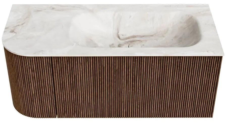 Mondiaz Kurve-dlux 105cm badmeubel ronding links walnut met 1 lade en deur en wastafel big small kraangat rechts frappe
