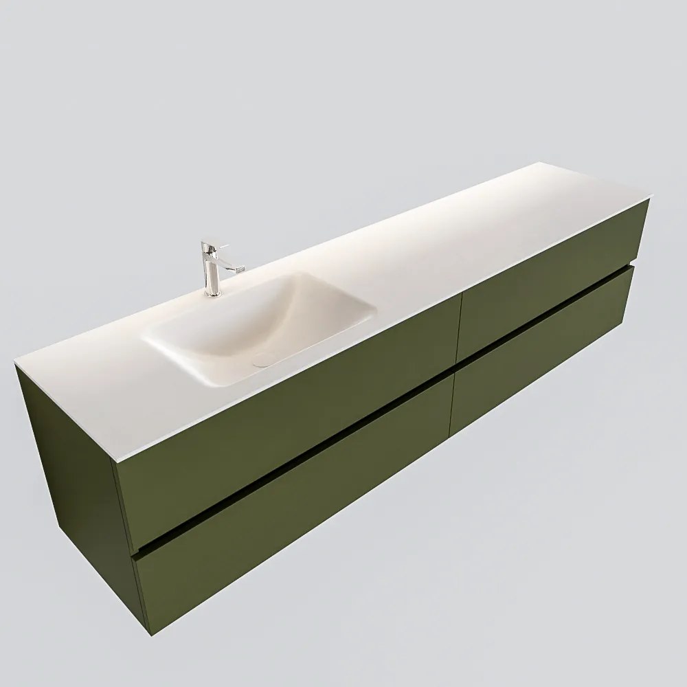 Zaro Valencia Solid Surface badmeubel 200cm mat army groen 1 kraangat spoelbak links met 4 lades