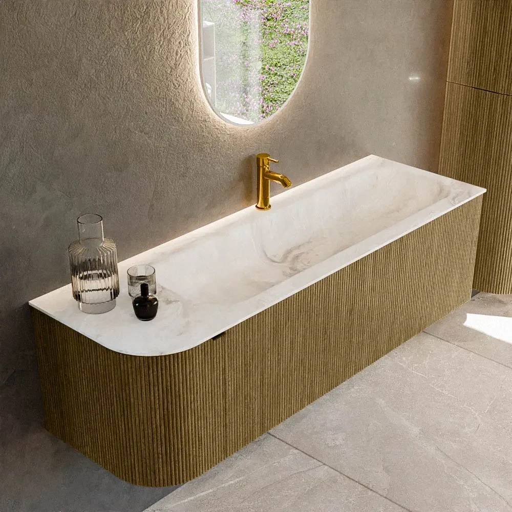 Mondiaz Kurve-dlux 145cm badmeubel ronding links dusk met 1 lade en deur en wastafel big large kraangat rechts frappe