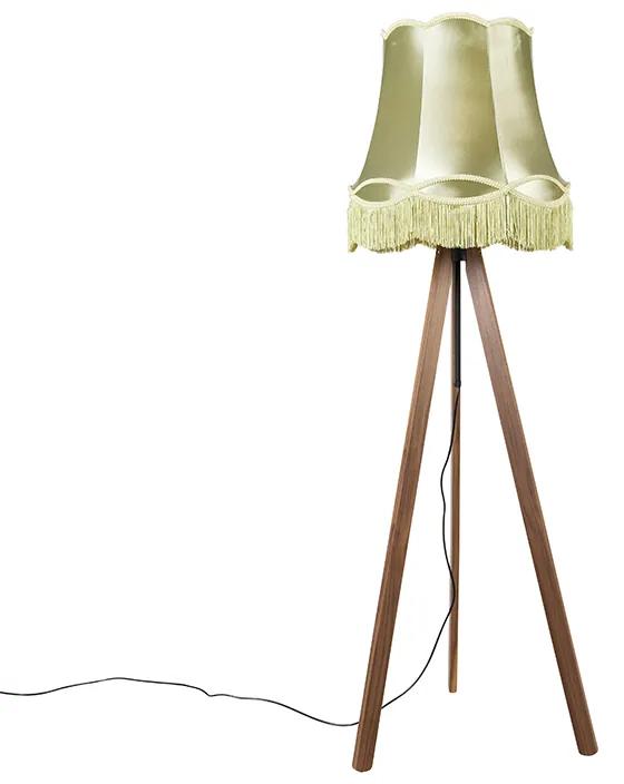 Klassieke vloerlamp tripod bruin met granny kap groen - Telu Klassiek / Antiek E27 rond Binnenverlichting Lamp