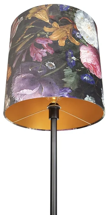 Stoffen Romantische vloerlamp zwart met bloemen kap 40 cm - Simplo Klassiek / Antiek E27 cilinder / rond Binnenverlichting Lamp