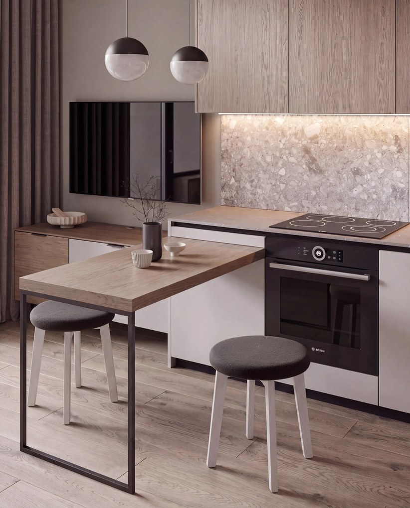 Mazzoni ZOI Taupe Beige (stof Storm 26)/wit beuken onderstel - RONDE GESTOFFEERDE KRUK VOOR KEUKEN/WOONKAMER