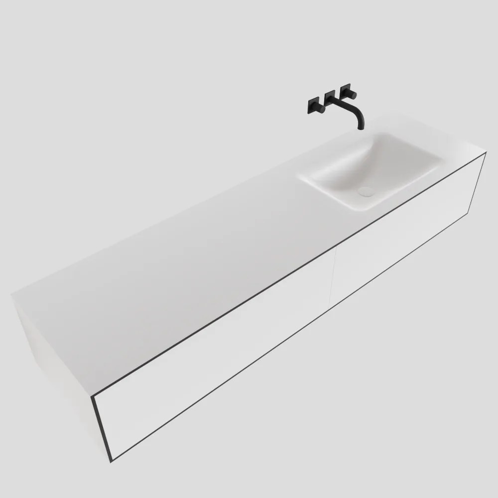 Zaro Lagom volledig naadloos solid surface onderkast 170cm mat zwart met 2 lades Push tot open. Compleet met solid surface wastafel met 0 kraangat(en)