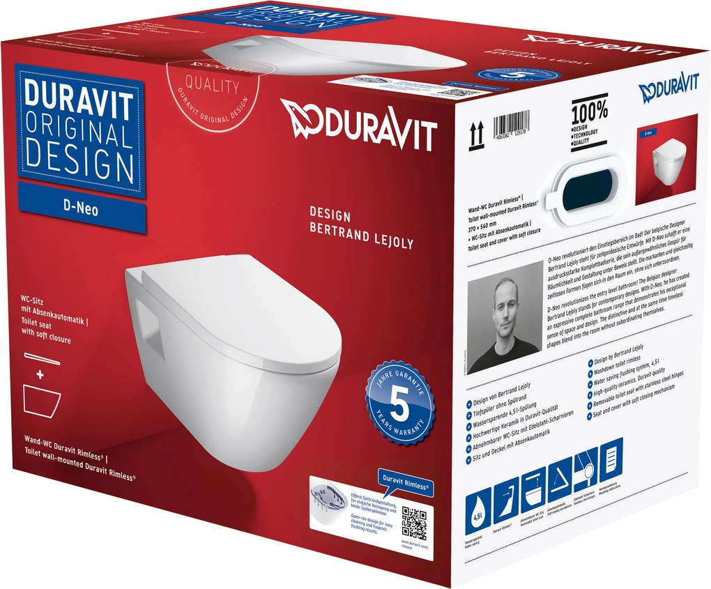 Duravit D-Neo hangtoilet randloos met toiletbril wit