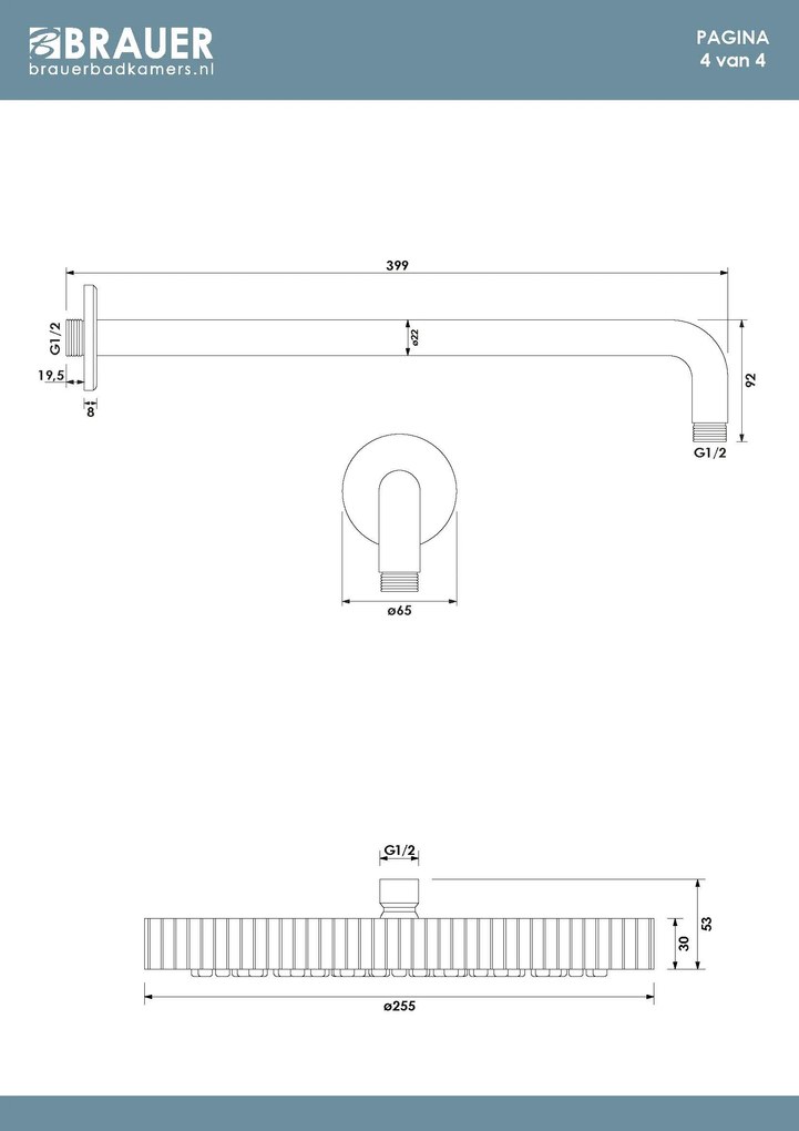 Brauer Stripe inbouw regendouche rond met 25cm hoofddouche, gebogen muurarm en staafhanddouche set 38 koper geborsteld PVD