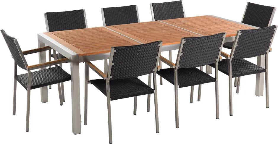 Tuinset mahoniehout/RVS 220 x 100 cm met 8 stoelen zwart rotan GROSSETO