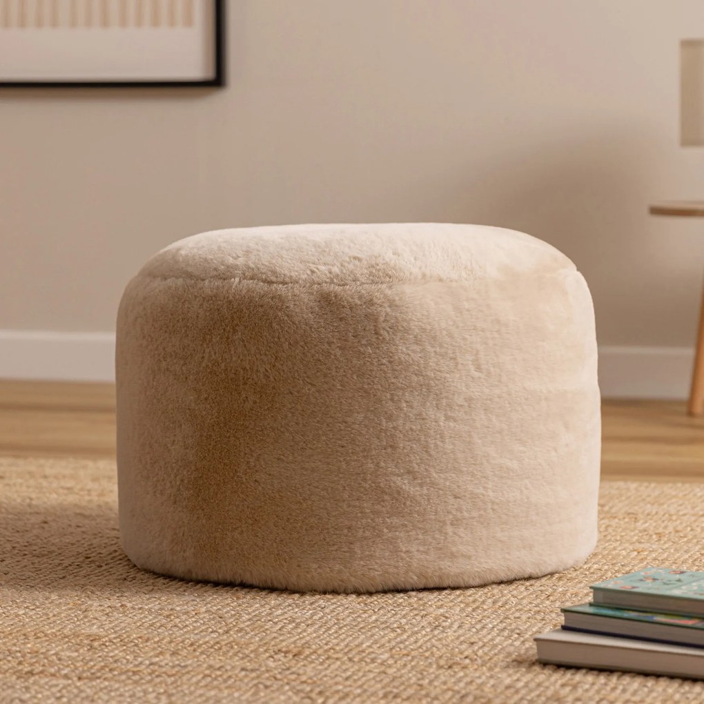 Icon Milano Rabbit Faux Fur Round Footstool Bean Bag, Natural