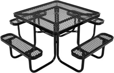 VEVOR Vierkante picknicktafel met 4 banken, weerbestendige tuinmeubelset, gecoate stalen tafels met parasolgat, tuinmeubelen voor op de veranda (zwart)