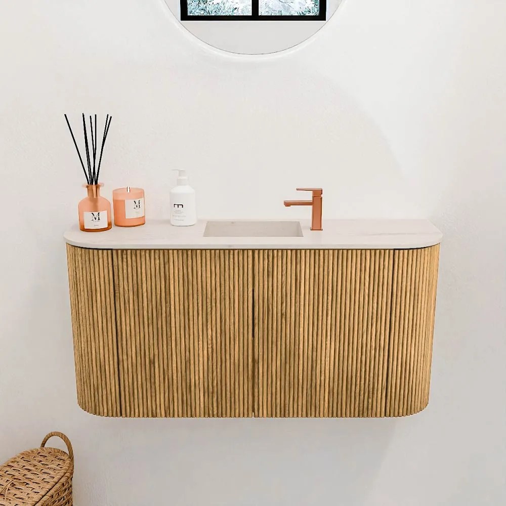Mondiaz Joya DLux 85cm toiletmeubel ronding links/rechts oak met wastafel faye midden 1 kraangat meli