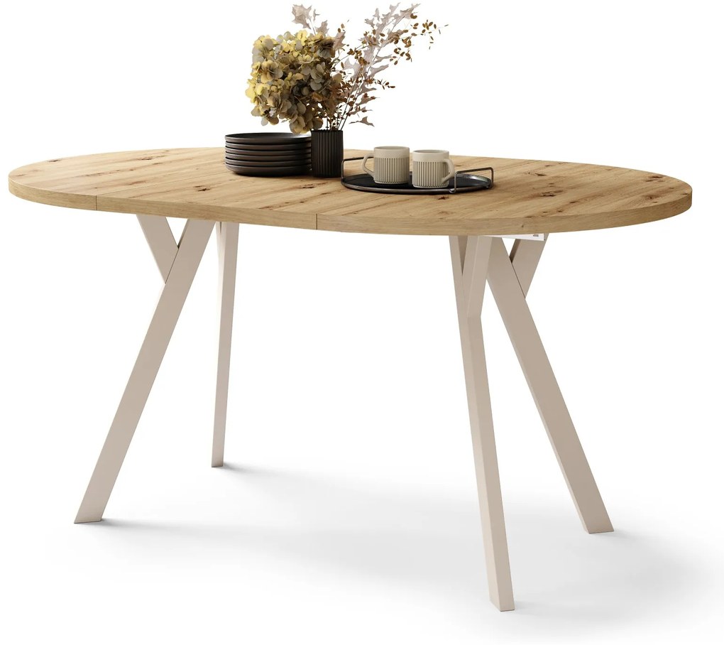 ALDO 100 Eiken Artisan/Beige poten - RONDE LOFT/INDUSTRIËLE TAFEL VOOR WOONKAMER/EETKAMER, UITSCHUIFBAAR
