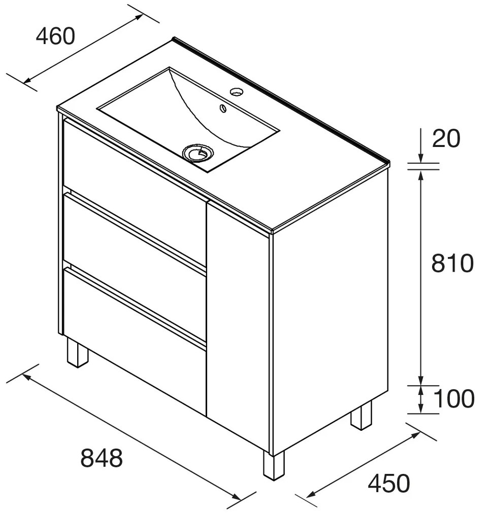 Muebles Project badmeubel 85cm met 3 lades links en wastafel warm eiken