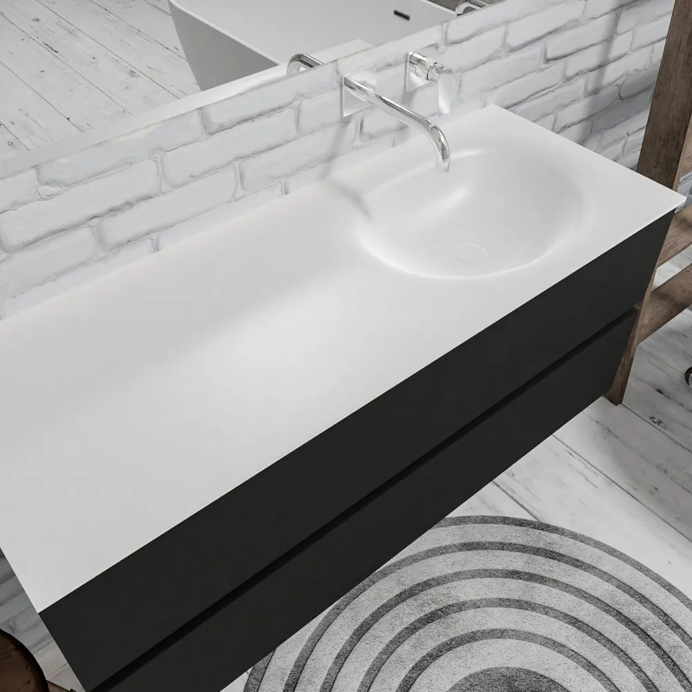 Zaro Sevilla Solid Surface badmeubel 120cm mat zwart geen kraangat met 2 lades spoelbak rechts