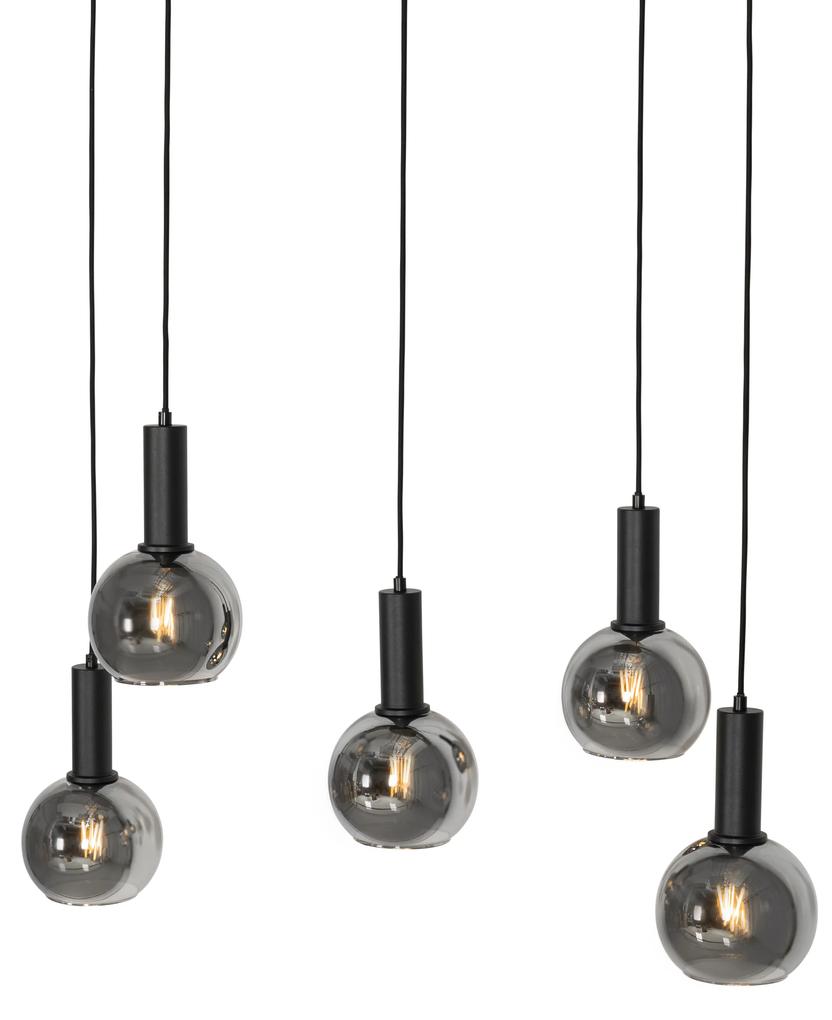 Eettafel / Eetkamer Art Deco hanglamp zwart met smoke glas ovaal 5-lichts - Josje Art Deco E27 Binnenverlichting Lamp