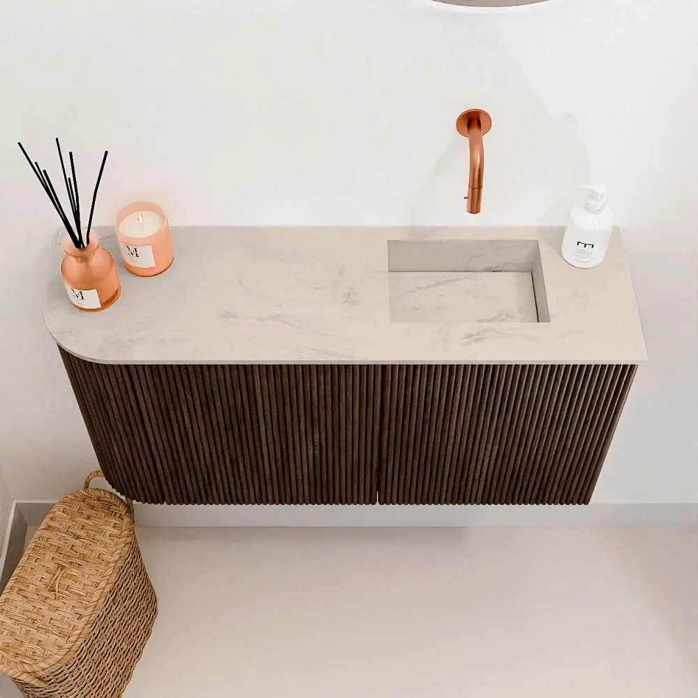Mondiaz Joya DLux 80cm toiletmeubel ronding links walnut met wastafel faye rechts zonder kraangat opalo