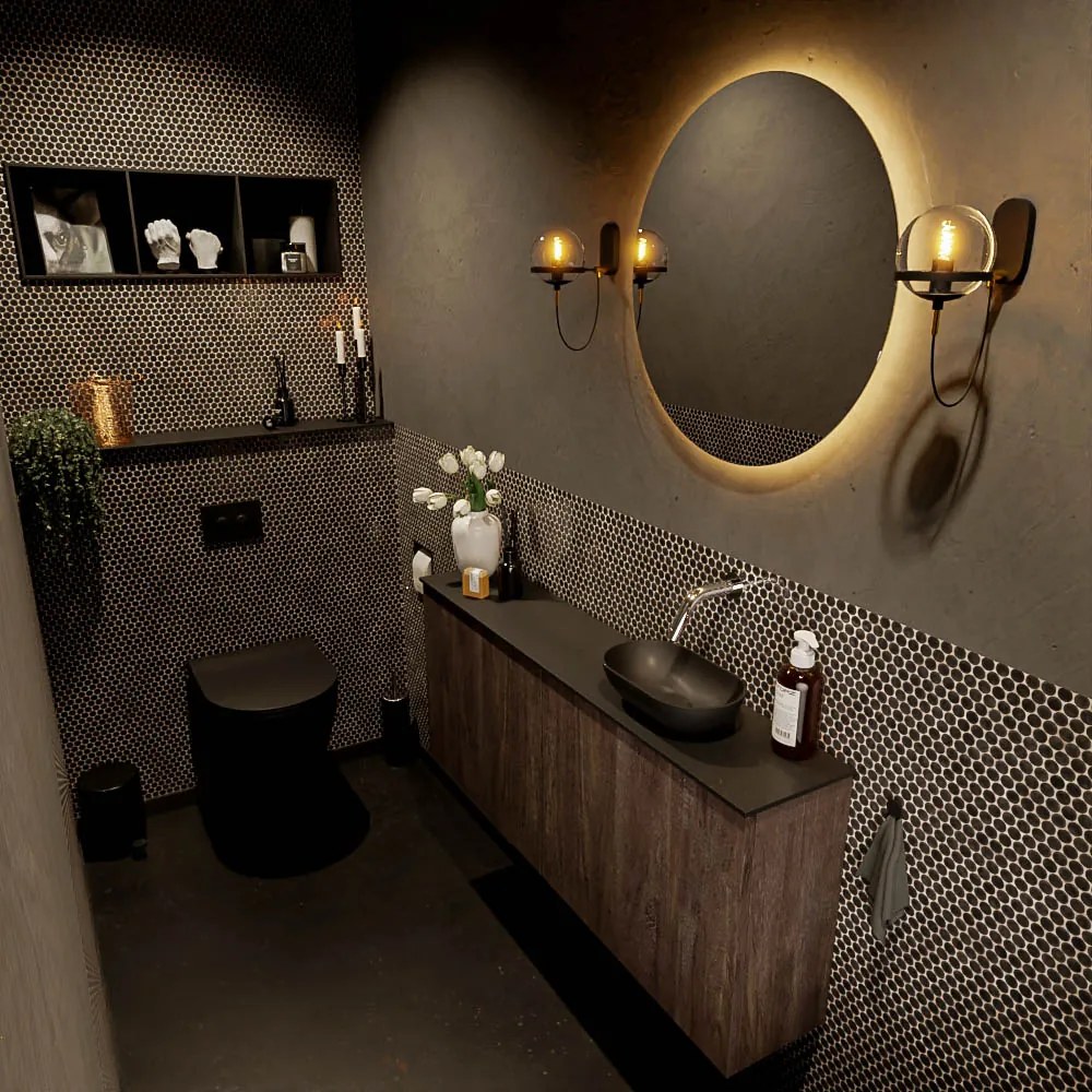 Mondiaz Fowy toiletmeubel 120cm dark brown met zwarte waskom rechts zonder kraangat