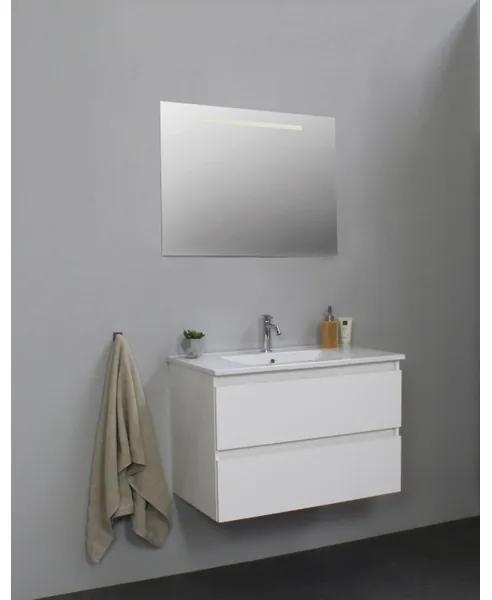 Adema Bella badmeubel met keramiek wastafel 1 kraangat met spiegel met licht 80x55x46cm Wit hoogglans SWGA80HWP1SPIL