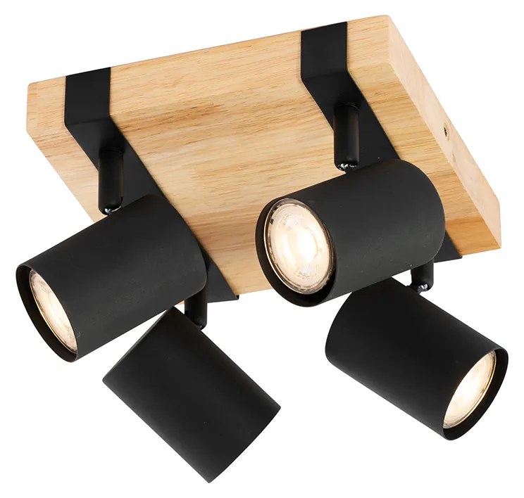 Plafondlamp zwart met hout 4-lichts verstelbaar rechthoekig - Jeana Modern, Industriele / Industrie / Industrial GU10 vierkant Binnenverlichting Lamp