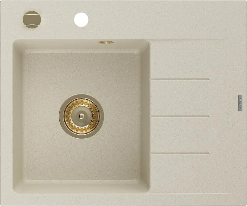 Mexen Ben granitische spoelbak met 1 bak en afdruiprek, links, 600 x 500 mm, beige, gouden sifon - 6522605000-69-G