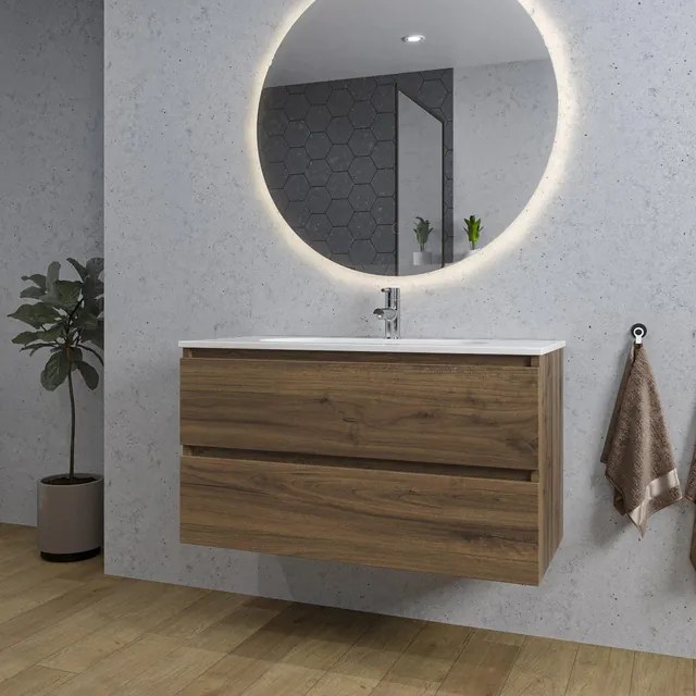 Adema Chaci Badkamermeubelset - 100x46x57cm - 1 ovale keramische wasbak wit - 1 kraangat - 2 lades - ronde spiegel met verlichting - noten (hout) SW1212772/SW718718/SW161922