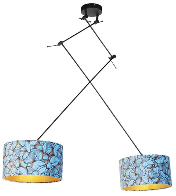 Stoffen Eettafel / Eetkamer Hanglamp met velours kappen vlinders met goud 35 cm - Blitz II zwart Klassiek / Antiek, Modern E27 cilinder / rond rond Binnenverlichting Lamp