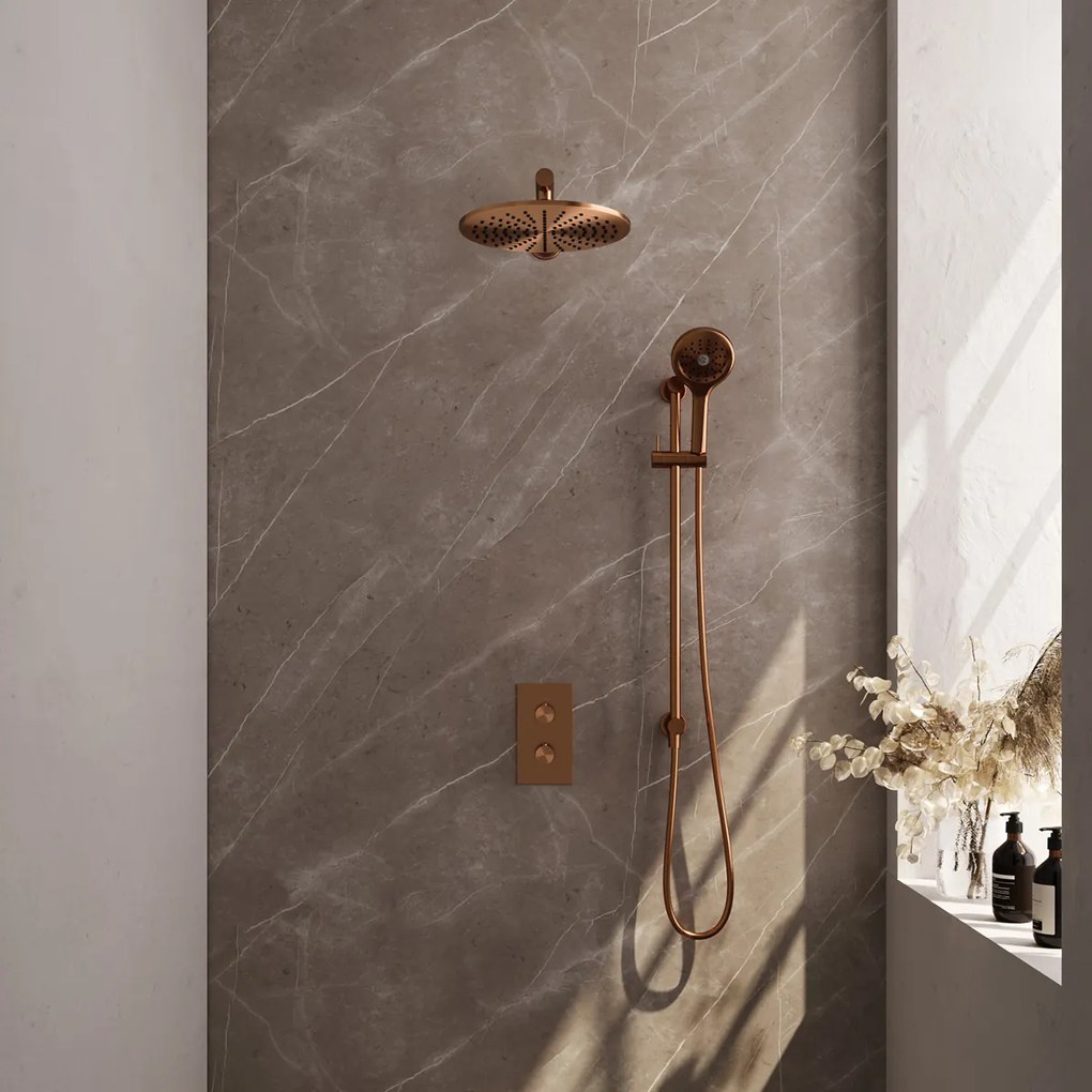 Brauer Copper Carving complete inbouw regendouche set 44 met 30cm douchekop, rechte muurarm, 3 standen handdouche en glijstang geborsteld koper PVD
