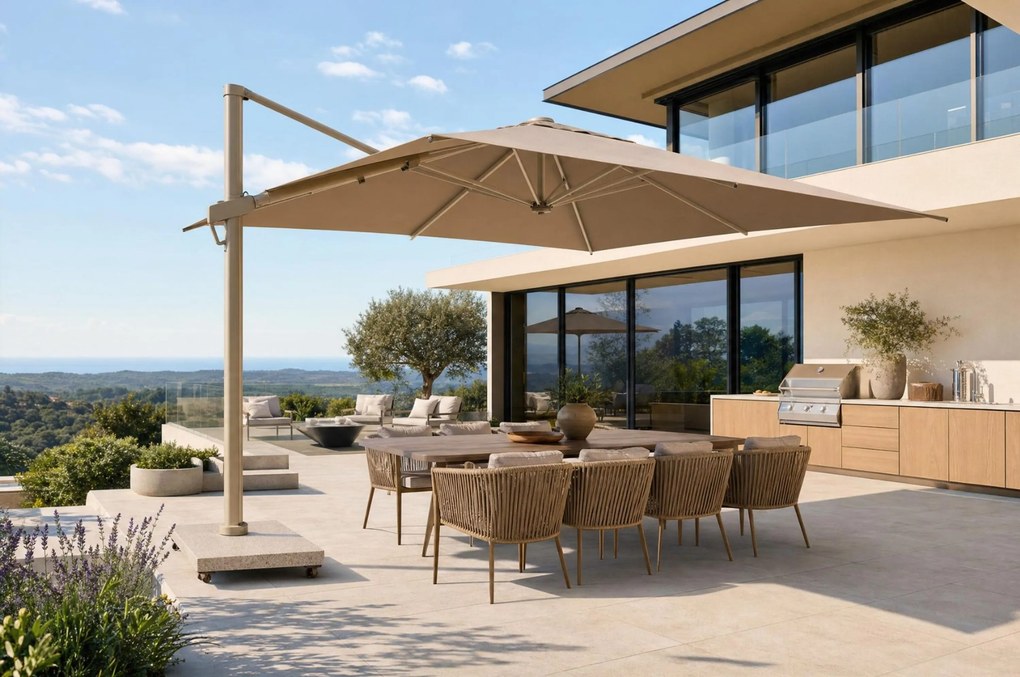 Zweefparasol 3x3m S2 Excellent (incl. voet + hoes) Taupe-naturel-bruin Camello Luna