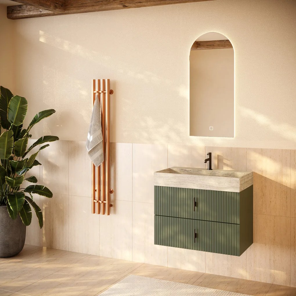 Muebles Murcia badmeubel ribbelfront 80cm legergroen met White Travertin wastafel met kraangat