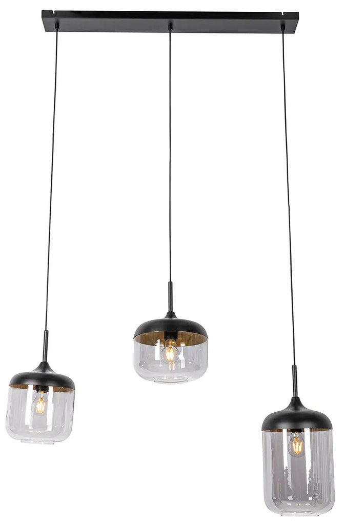 Design hanglamp zwart met goud en smoke glas 3-lichts - Kyan