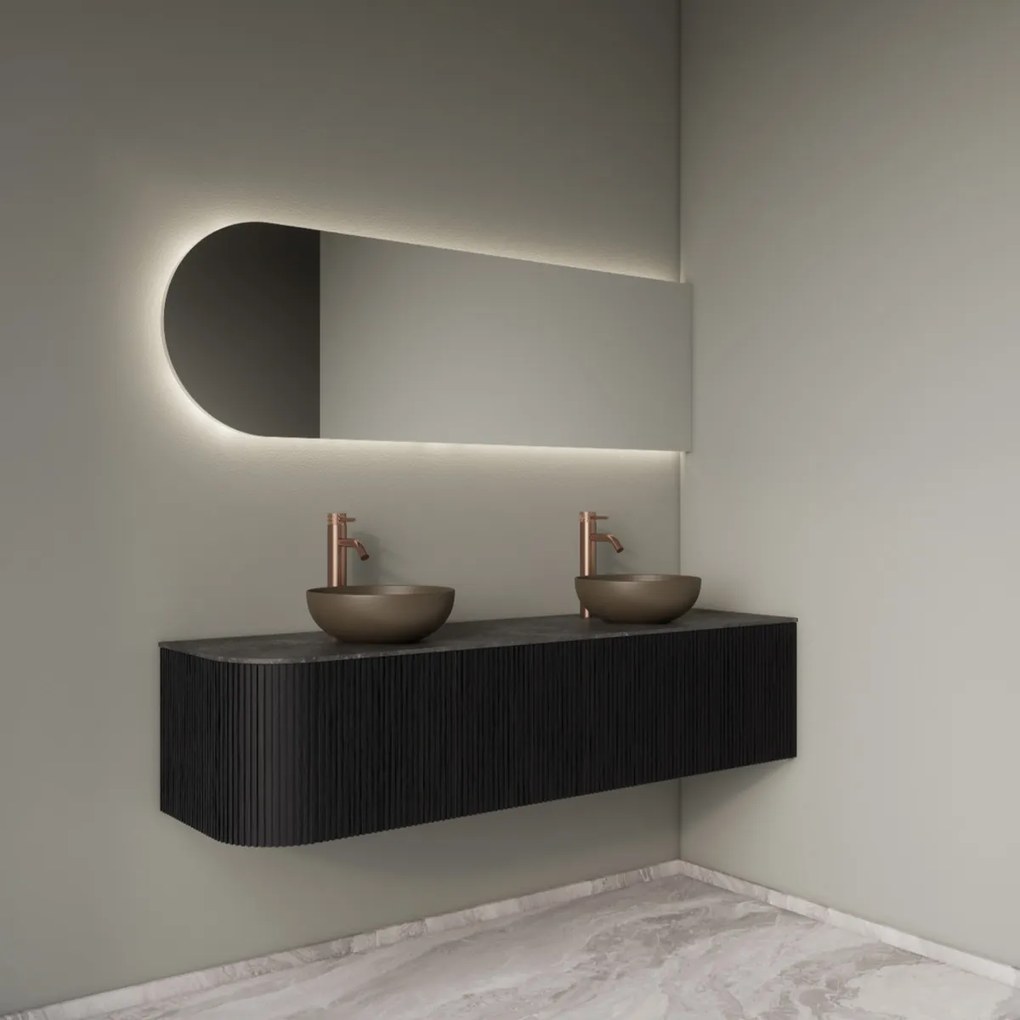 Gliss Design Alluro badmeubel ribbelfront met ronding links 160cm black en zwart leisteen toppaneel