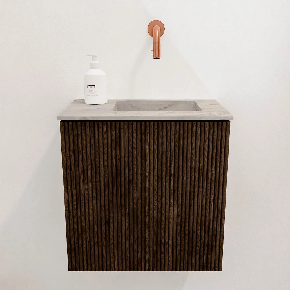 Mondiaz Joya DLux 40cm toiletmeubel walnut met wastafel faye rechts zonder kraangat glace