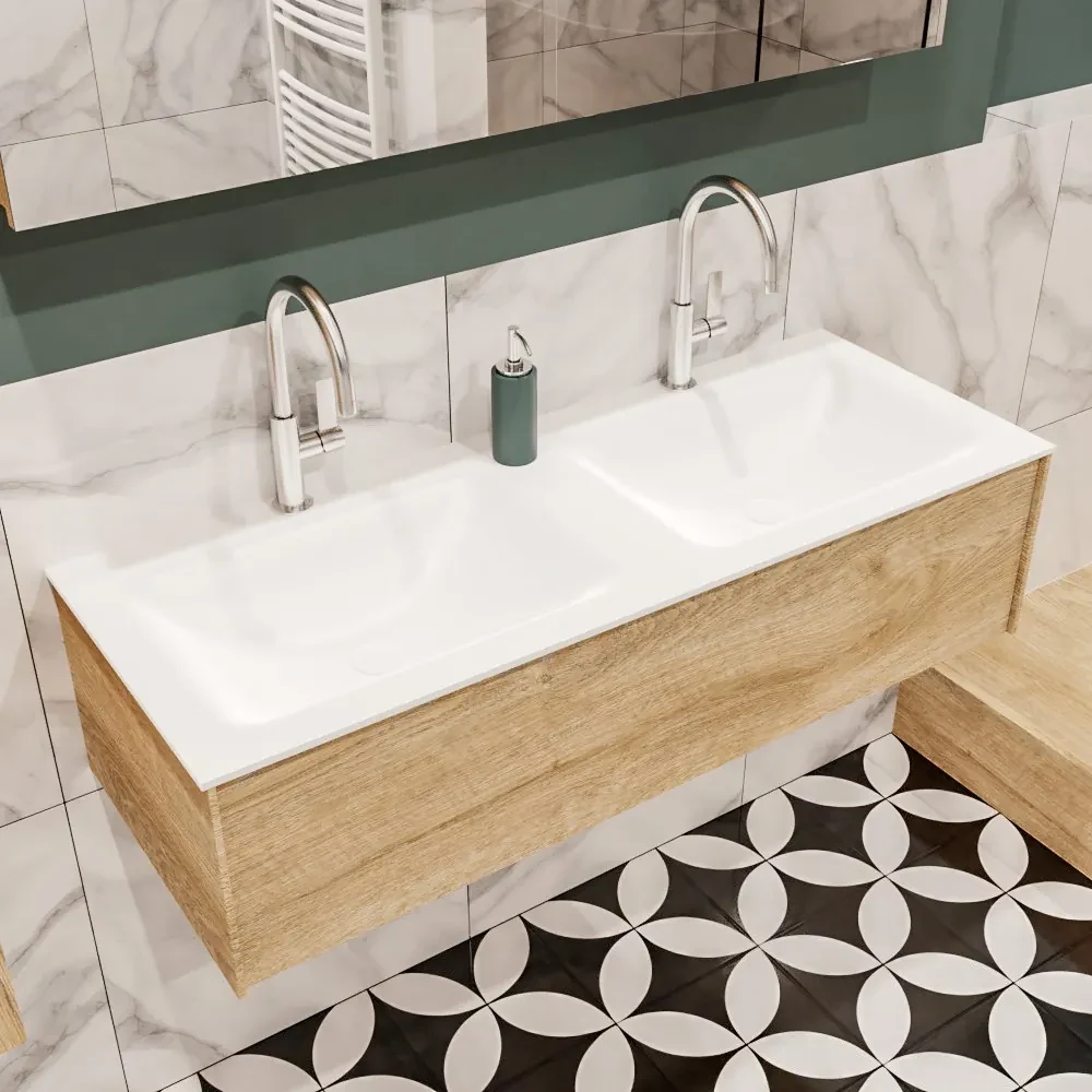 Lush onderkast 120cm in kleur WASHED OAK met 1 lade Push tot open geschikt voor dubbele wastafel. Compleet met solid surface wastafel cloud M35165met 2 kraangat(en)
