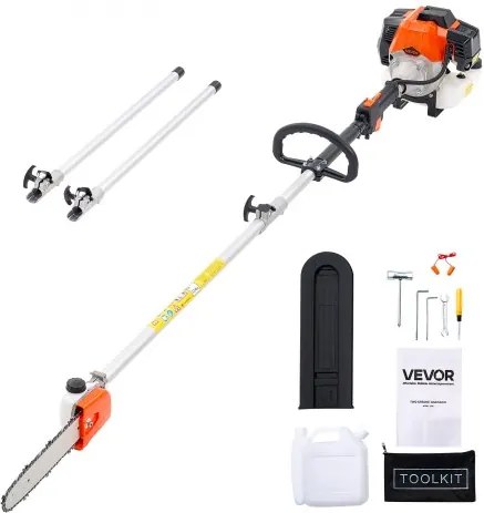 VEVOR benzine-aangedreven snoeischaar met lange steel, 43cc 2-taktmotor, telescopische zaag met uitschuifbare steel van 2,08–3,58 m, zaagblad van 25,4 cm, brandstoftank van 850 ml, voor krachtig zagen in hoge boomkruinen.