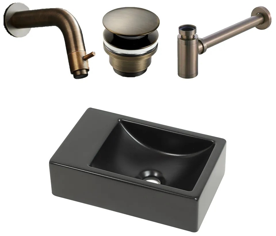 Plieger Houston fonteinset met zwarte fontein links en verouderd messing inbouwkraan