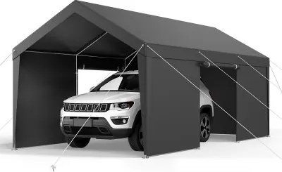VEVOR Carport, 3,05 x 6,09 x 2,87 m Autohoes, Tentgarage met verwijderbare zijwanden en deur, Garagetent Autooverkapping, Autoluifel, UV-bestendig, All-Season Bescherming voor Auto &amp; Boot, Grijs