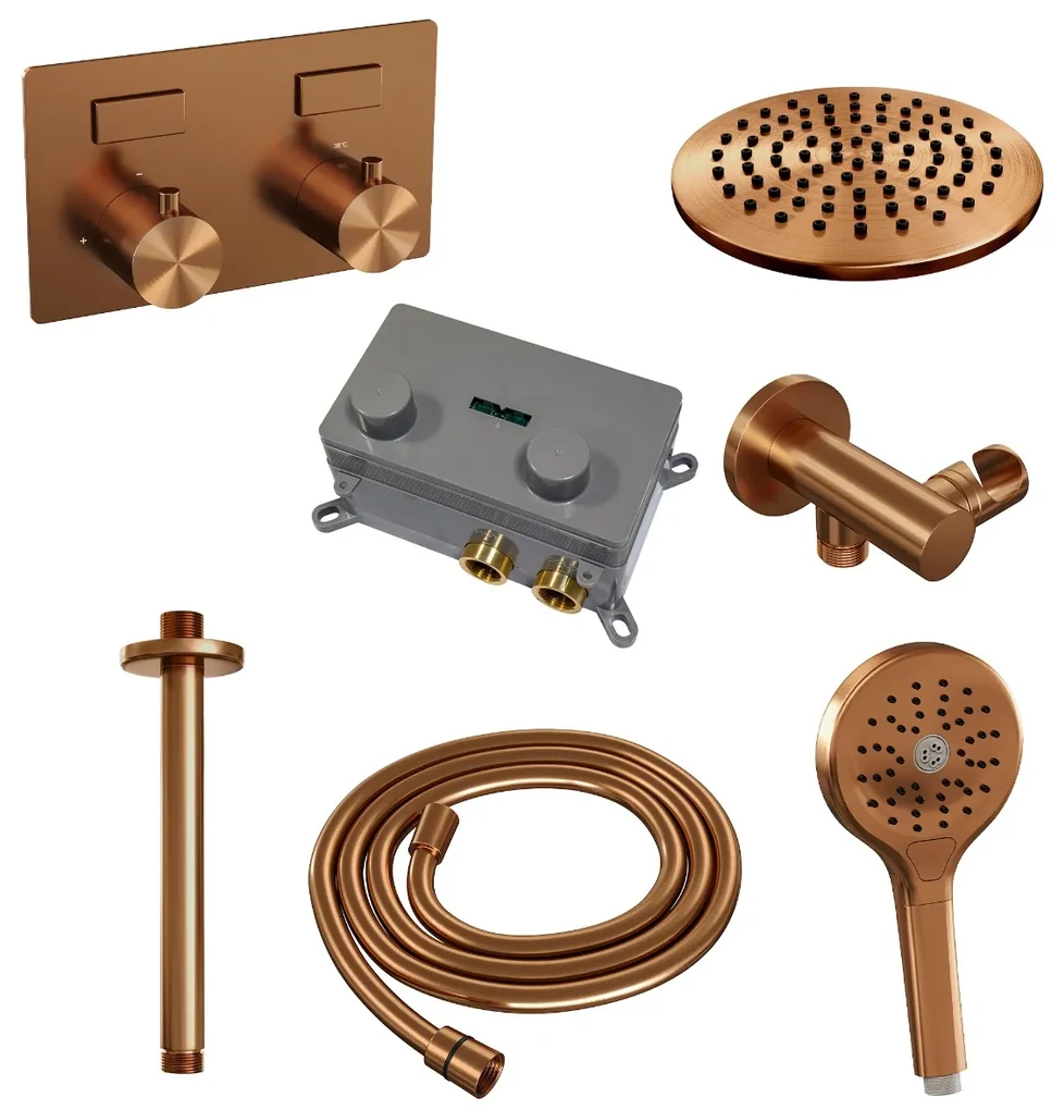 Brauer Copper Edition thermostatische inbouw regendouche met 3 standen handdouche, plafondarm en hoofddouche 20cm set 59 koper geborsteld PVD