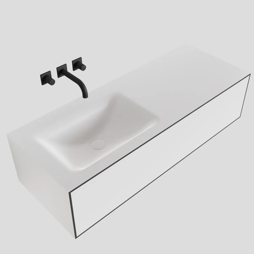 Zaro Lagom volledig naadloos solid surface onderkast 120cm mat zwart met 1 lade Push tot open. Compleet met solid surface wastafel met 0 kraangat(en)