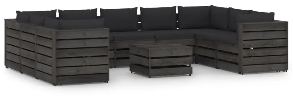 vidaXL 10-delige Loungeset met kussens grijs geïmpregneerd hout
