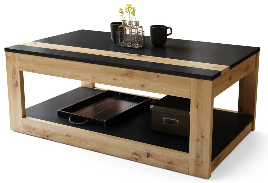 LUSSO Zwart Mat/Artisan Eik - MODERNE SALONTAFEL MET VERHOOGD BLAD + OPBERGRUIMTE + SCHAP (OP WIELEN!)