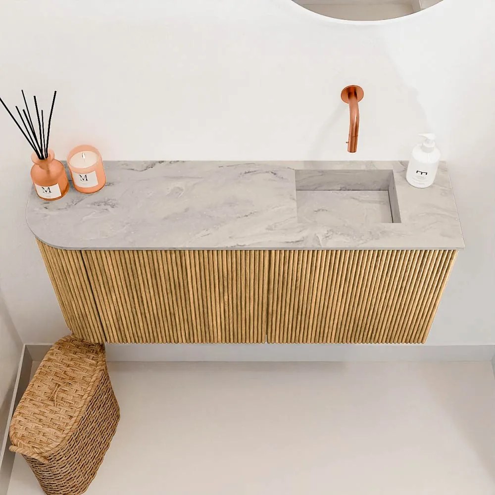 Mondiaz Joya DLux 90cm toiletmeubel ronding links oak met wastafel faye rechts zonder kraangat glace