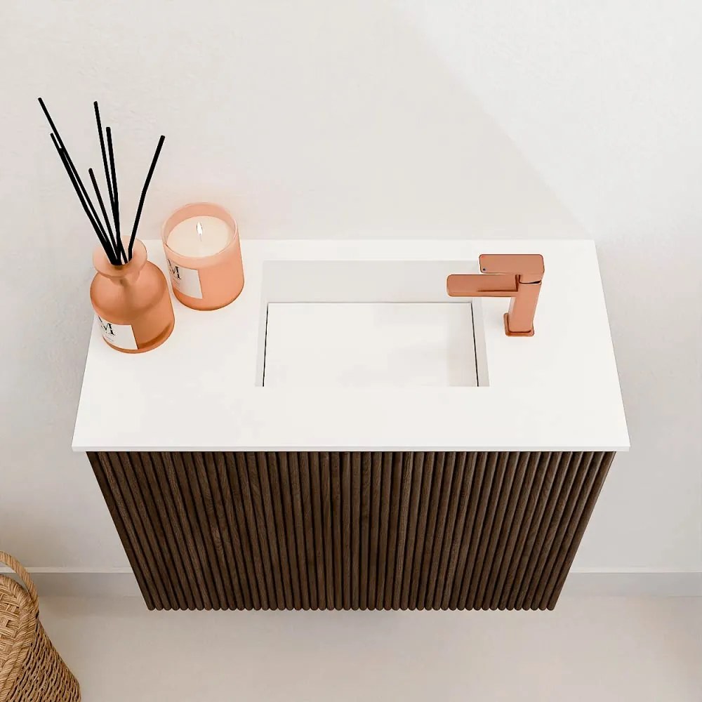 Mondiaz Joya 50cm toiletmeubel walnut met wastafel faye rechts 1 kraangat talc